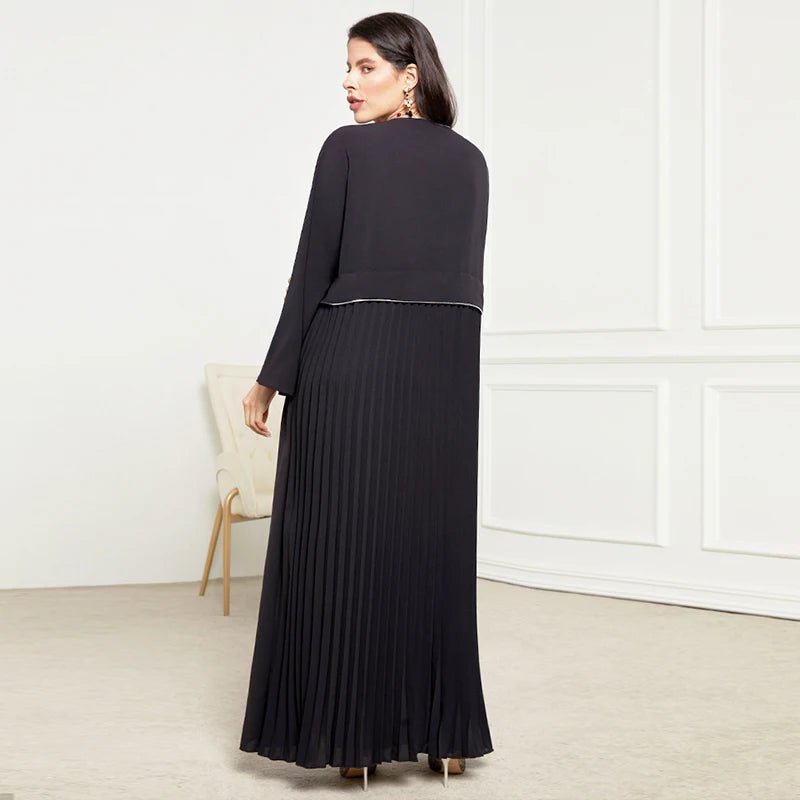 Abaya Élégante Noire à Détails Brodés et Plissés