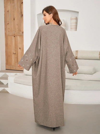 Elegant Linen Abaya with Lunar Embroidery by Opulentecharm